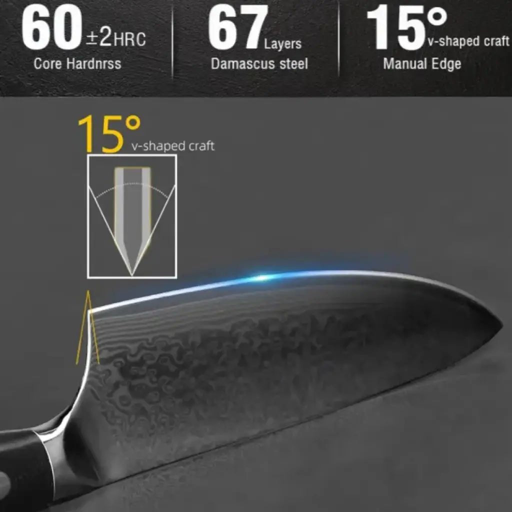 3 Piece Damascus Steel Knife Set (Executive Series) has a double V blade for sharpness.