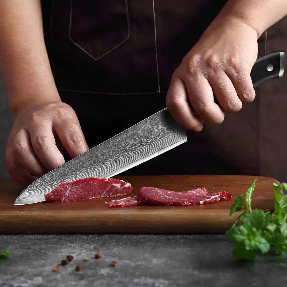3 Piece Damascus Steel Knife Set (Executive Series) . chef knife cutting meat.