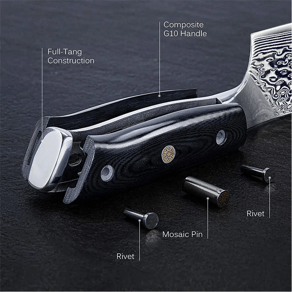 3 Piece Damascus Steel Knife Set (Executive Series) has G10 handles and rivets.