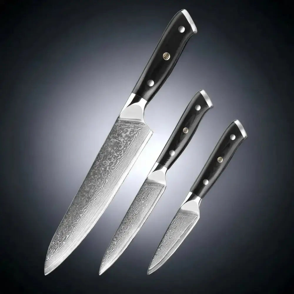 3 Piece Damascus Steel Knife Set (Executive Series) - includes a 8 " chef knife, a 5" utility knife and a 3.5" paring knife.
