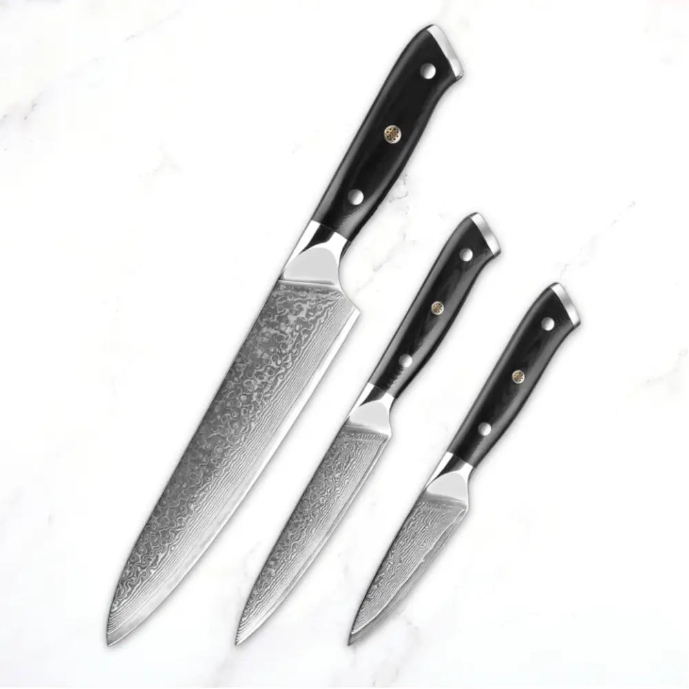 3 Piece Damascus Steel Knife Set (Executive Series) - includes a chef knife, a utility knife and a paring knife.