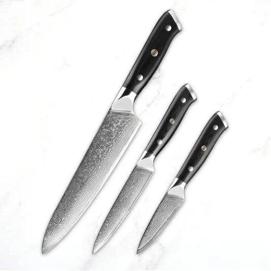 3 Piece Damascus Steel Knife Set (Executive Series) - includes a chef knife, a utility knife and a paring knife.