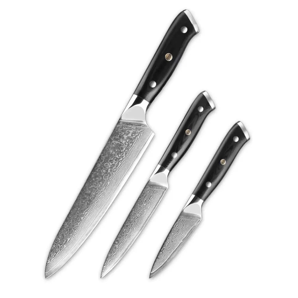 3 Piece Damascus Steel Knife Set (Executive Series) - includes a 8 " chef knife, a 5" utility knife and a 3.5" paring knife. great beginner knife set.
