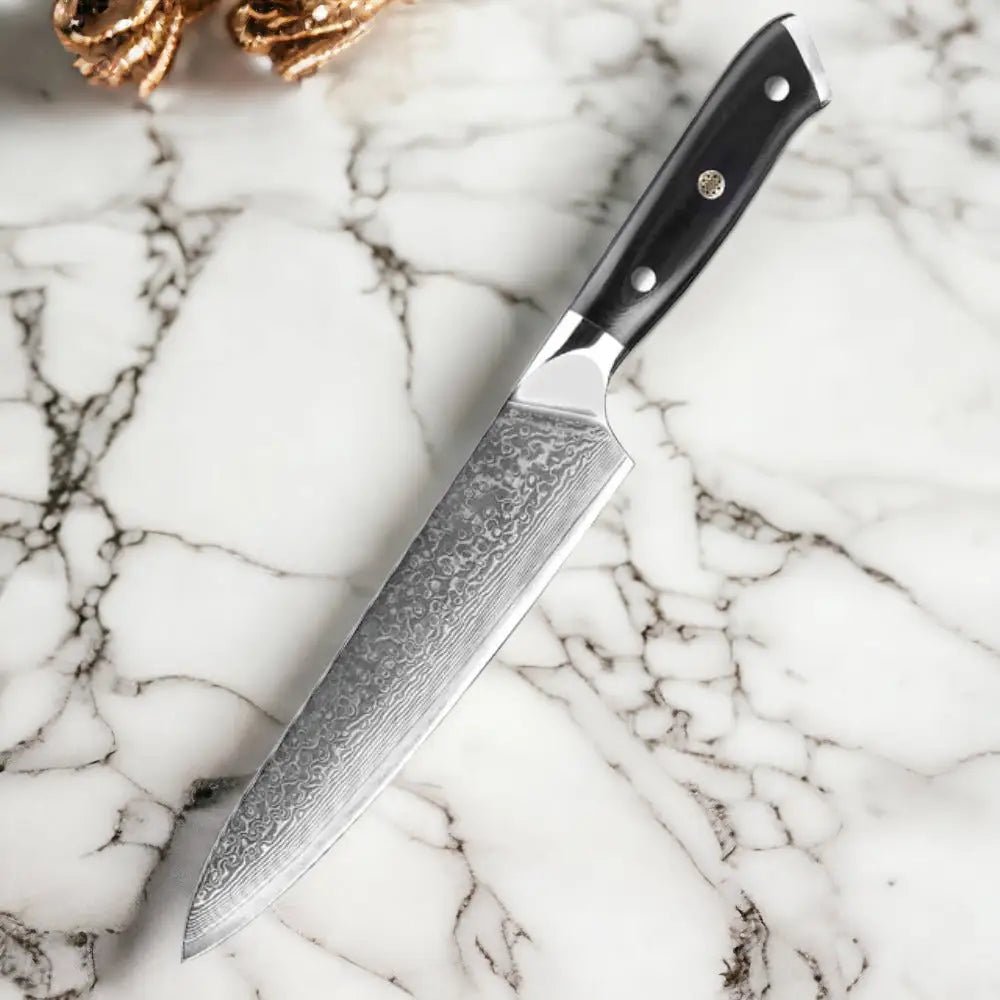 3 Piece Damascus Steel Knife Set (Executive Series) - chef knife on marble.