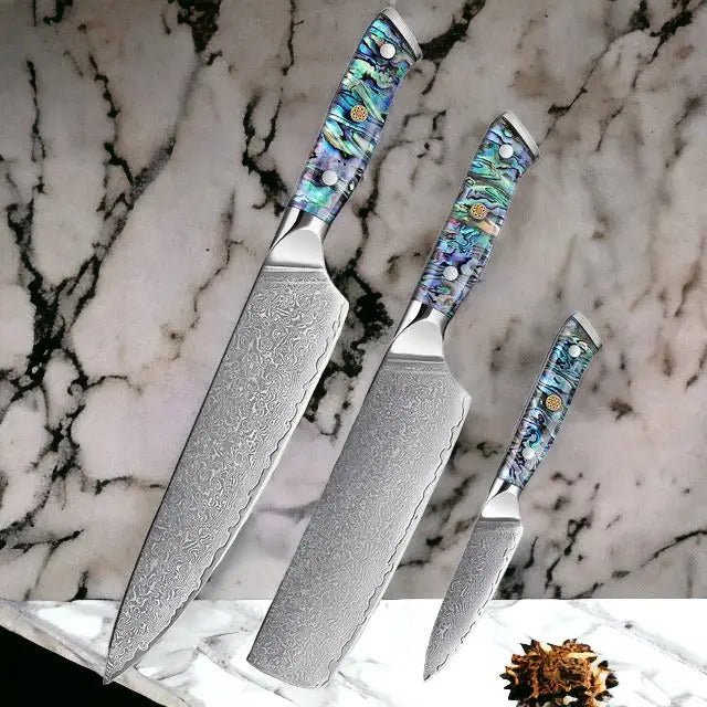 3 Piece Premium Damascus Steel Knife Set (Abalone Series) -