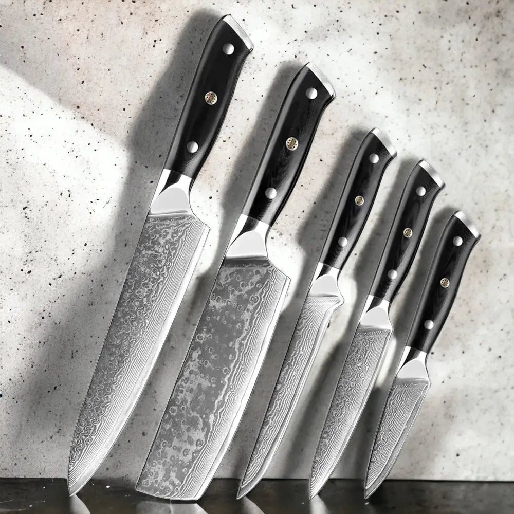 5 Piece Damascus Steel Knife Set. Includes a 8” Chef Knife, 7" Cleaver Knife, 6" Boning Knife, 5" Utility Knife and a
3.5” Paring Knife