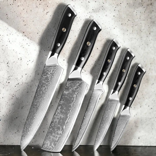 5 Piece Damascus Steel Knife Set.  Includes a 8” Chef Knife, 7" Cleaver Knife, 6" Boning Knife, 5" Utility Knife and a
3.5” Paring Knife
