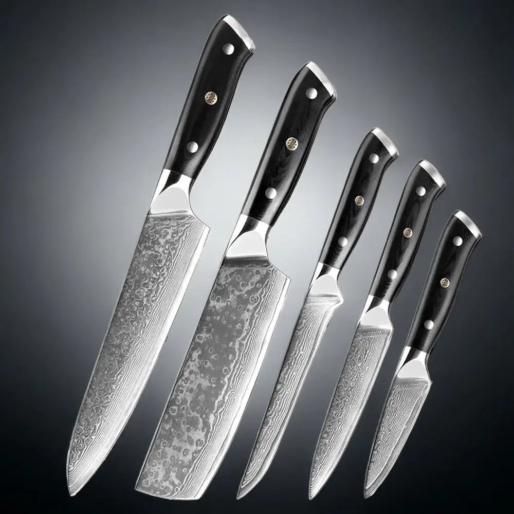 5 Piece Damascus Steel Knife Set. Includes a 8” Chef Knife, 7" Cleaver Knife, 6" Boning Knife, 5" Utility Knife and a
3.5” Paring Knife