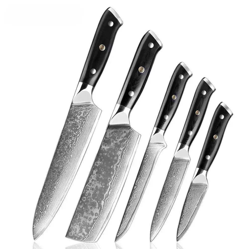 5 Piece Damascus Steel Knife Set. Includes a 8” Chef Knife, 7" Cleaver Knife, 6" Boning Knife, 5" Utility Knife and a
3.5” Paring Knife
