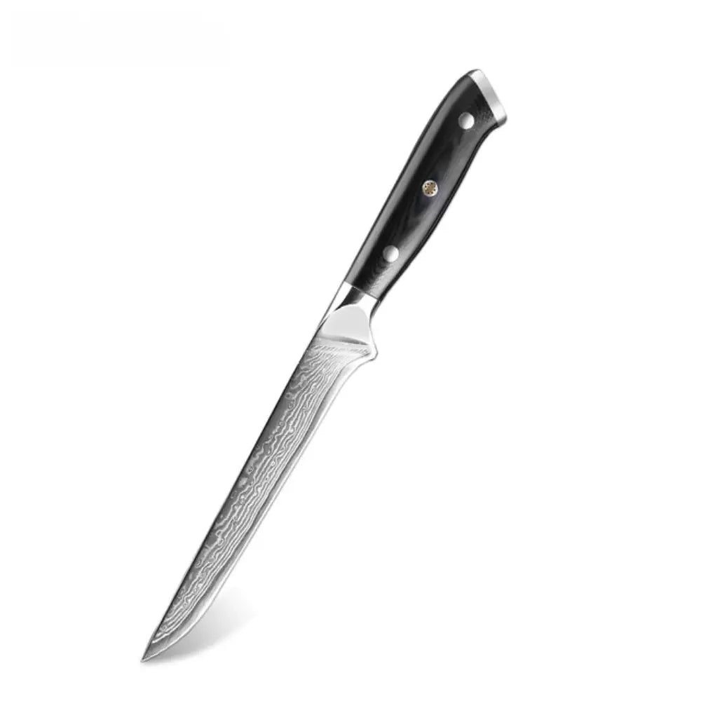 5 Piece Damascus Steel Knife Set with vg10 sharp steel and G10 poly-resin handles. Boning Knife