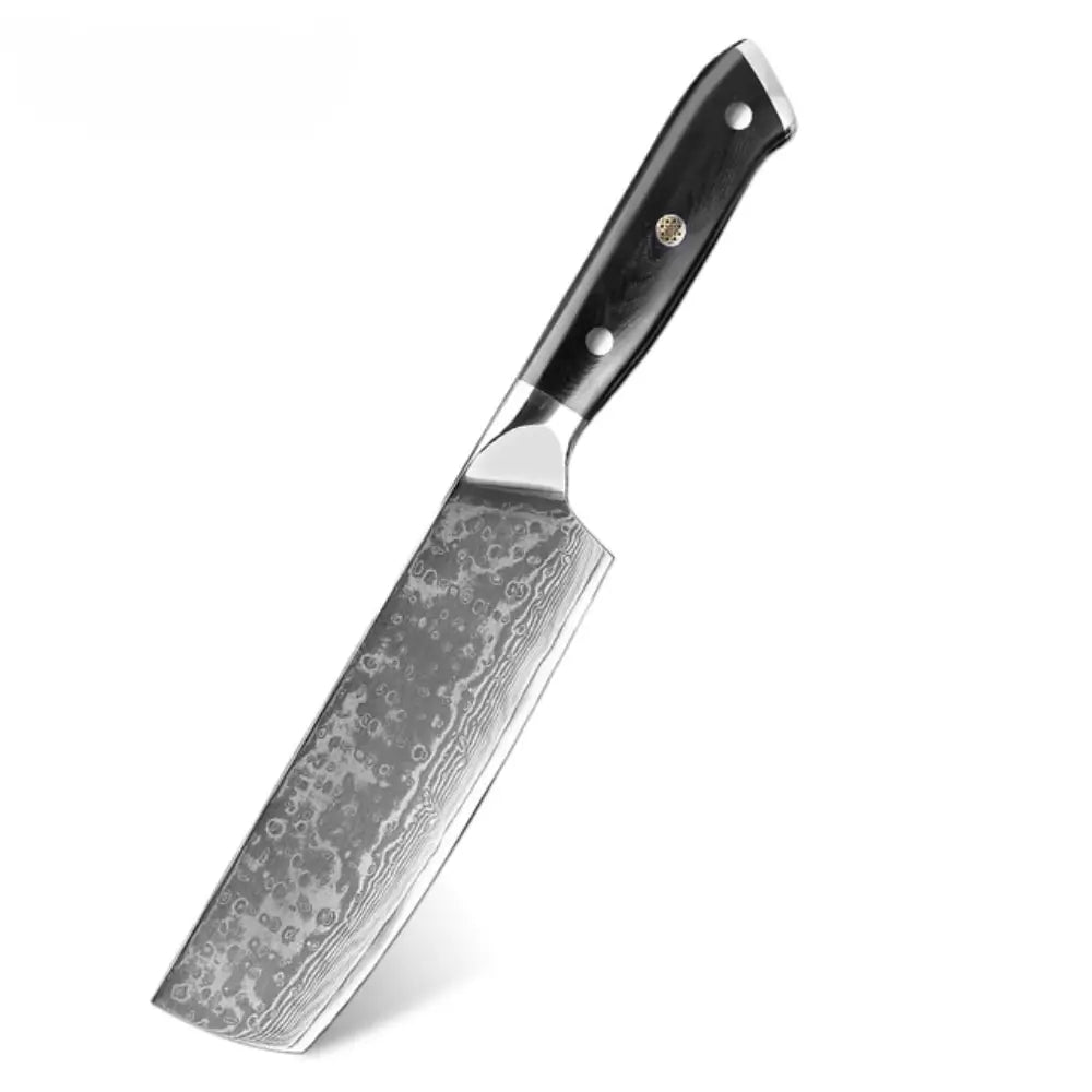5 Piece Damascus Steel Knife Set with vg10 sharp steel and G10 poly-resin handles. Cleaver knife