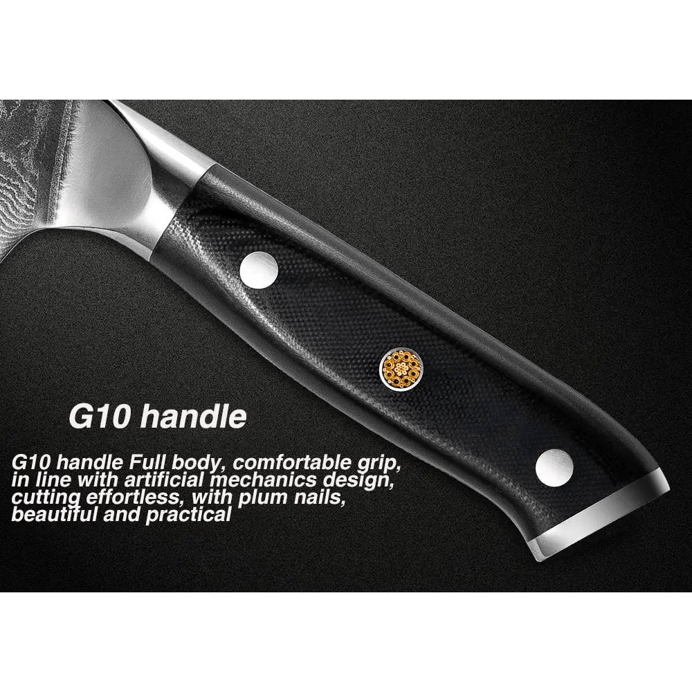 5 Piece Damascus Steel Knife Set with vg10 steel and G10 poly-resin handles.