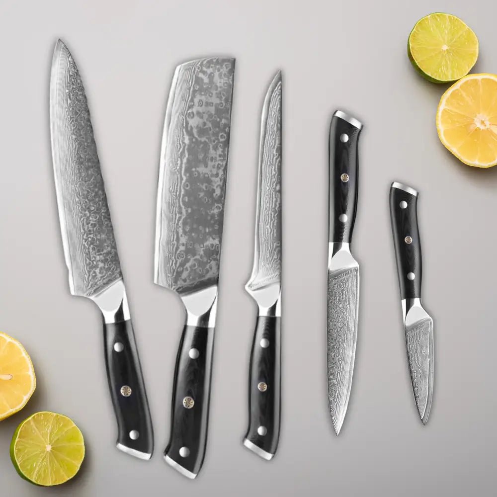 5 Piece Damascus Steel Knife Set. Includes a 8” Chef Knife, 7" Cleaver Knife, 6" Boning Knife, 5" Utility Knife and a
3.5” Paring Knife