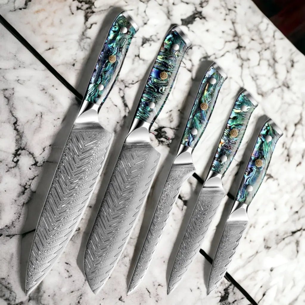 5 Piece Damascus Steel Knife Set with Resin Handle (Abalone