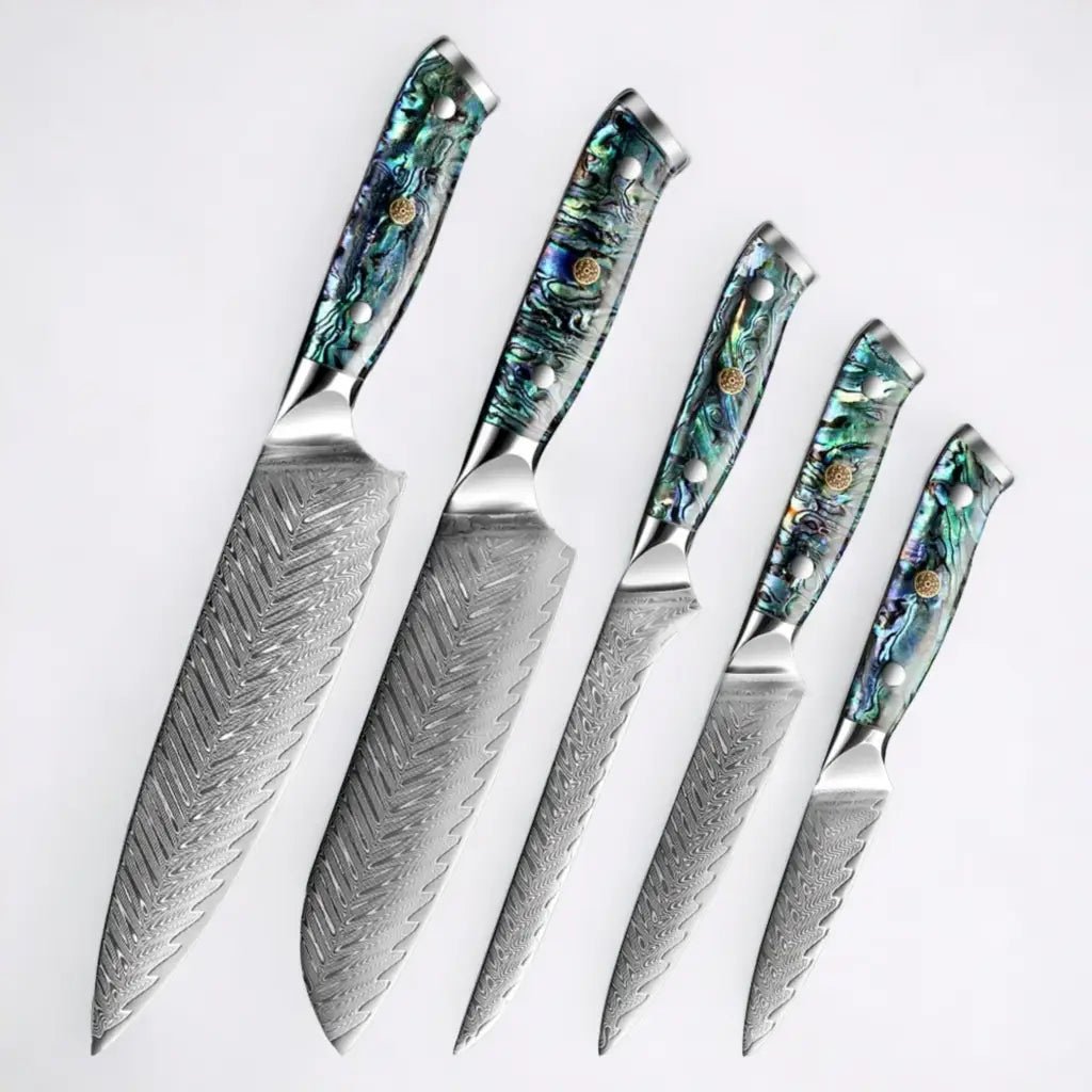 5 Piece Damascus Steel Knife Set with Resin Handle (Abalone
