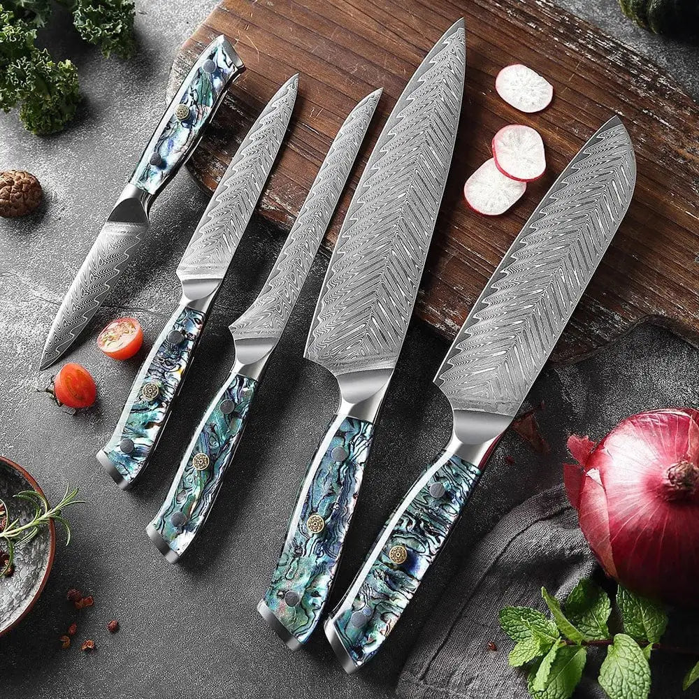 5 Piece Damascus Steel Knife Set with Resin Handle (Abalone