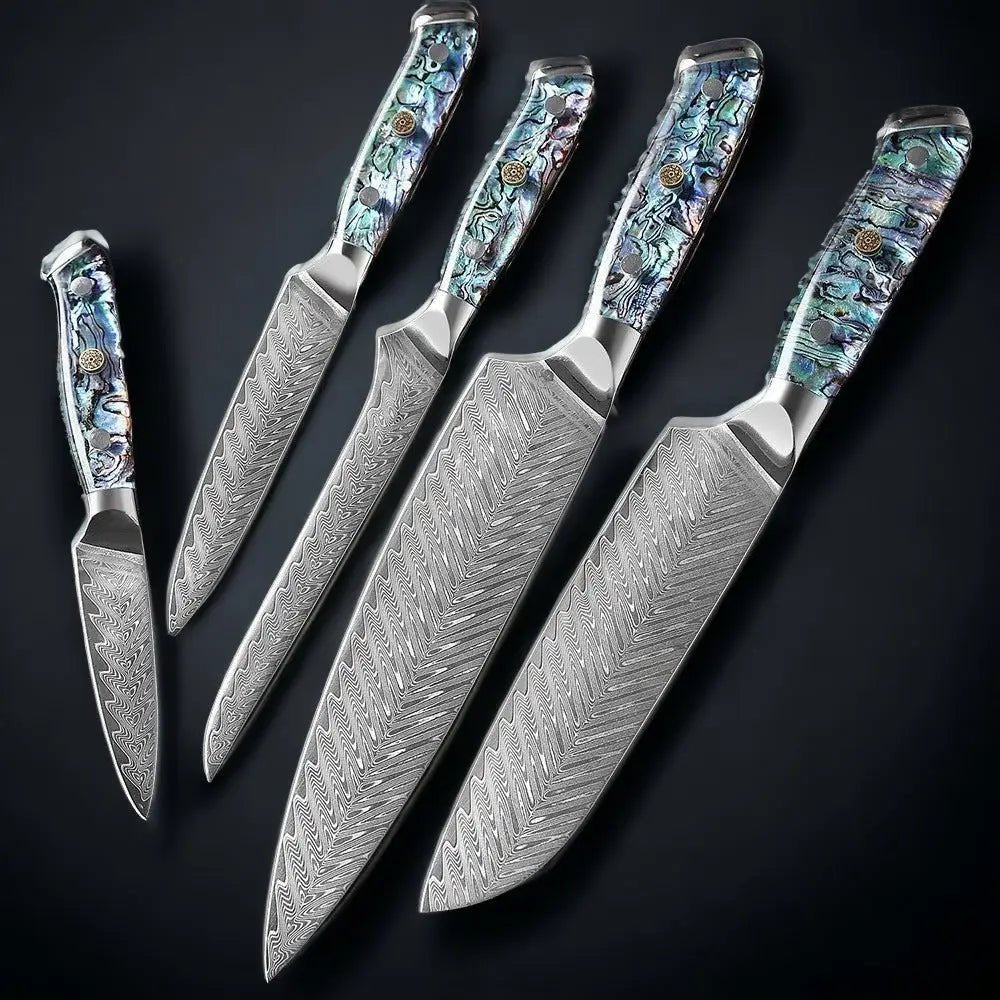 5 Piece Damascus Steel Knife Set with Resin Handle (Abalone