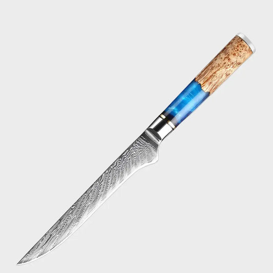 6 Inch Damascus Steel Boning Knife With Blue Resin Handle -