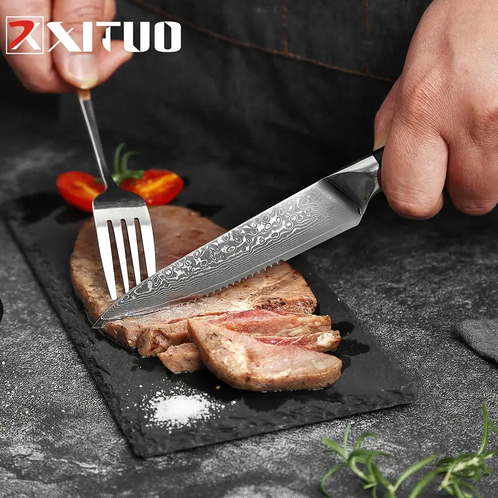 XITUO Damascus steel steak knife G10 handle knife set home