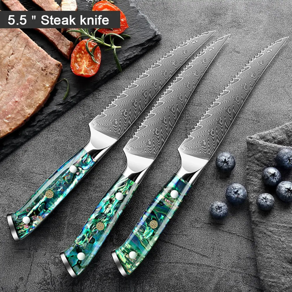 Damascus Steel Steak Knife Set (Abalone Series) - steak