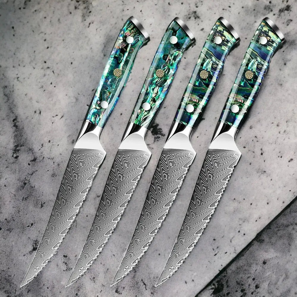 Damascus Steel Steak Knife Set (Abalone Series) - steak