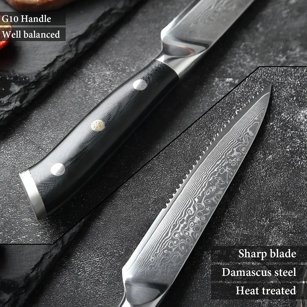 Damascus Steel Steak Knife Set with G10 Handle (Executive