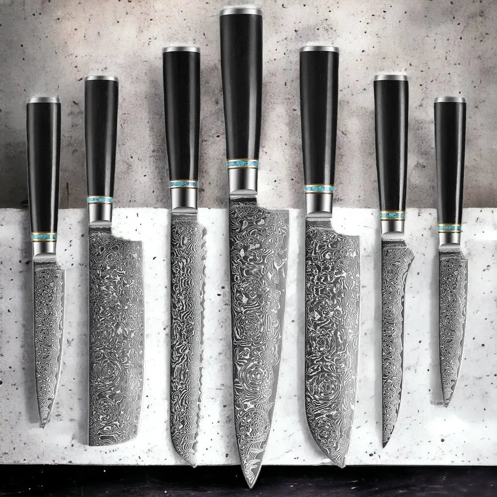 Ebony Handled Japanese Steel Knife Set - 7pcs Value Set -