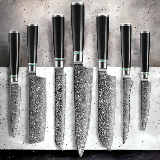 Ebony Handled Japanese Steel Knife Set - 7pcs Value Set -
