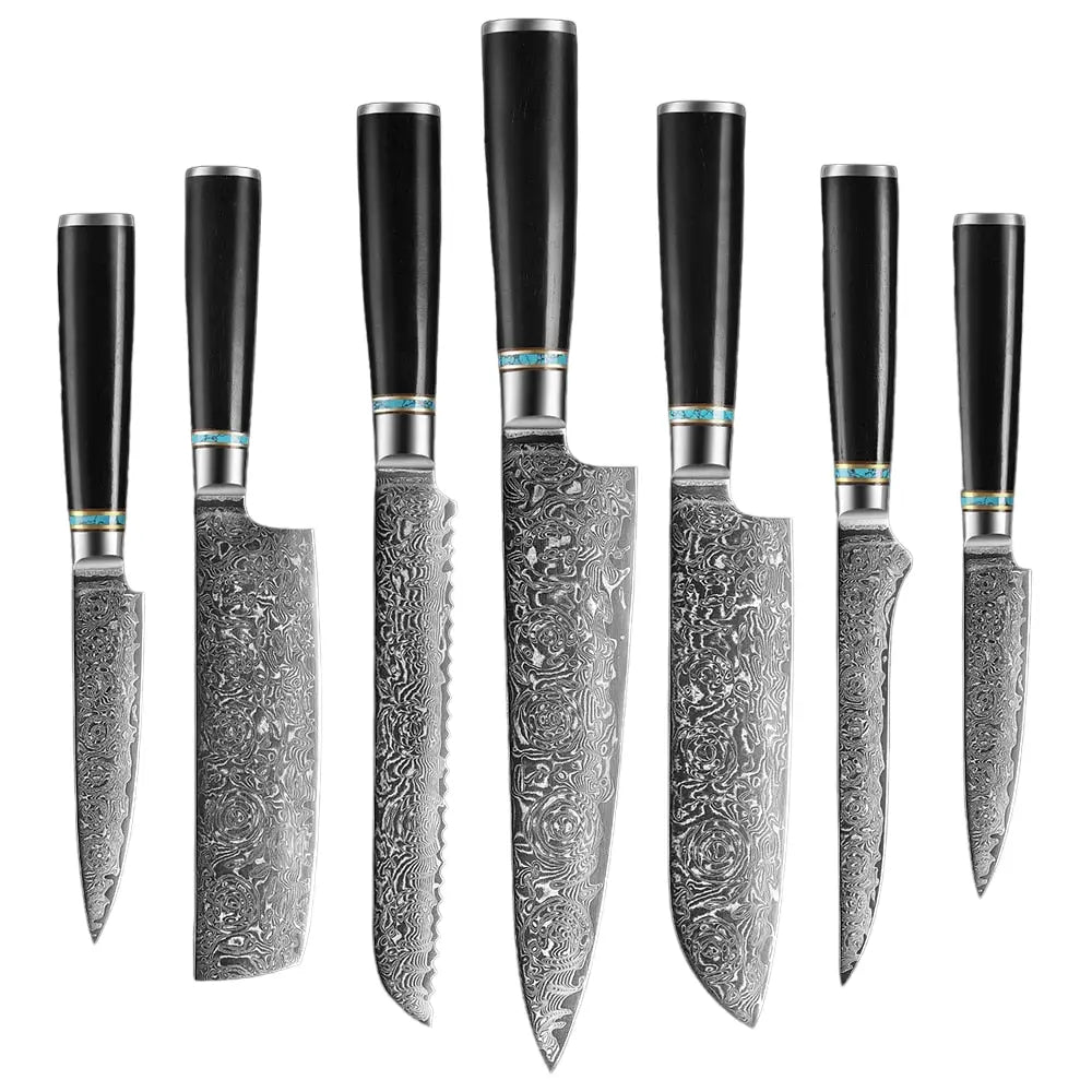 Ebony Handled Japanese Steel Knife Set - 7pcs Value Set -