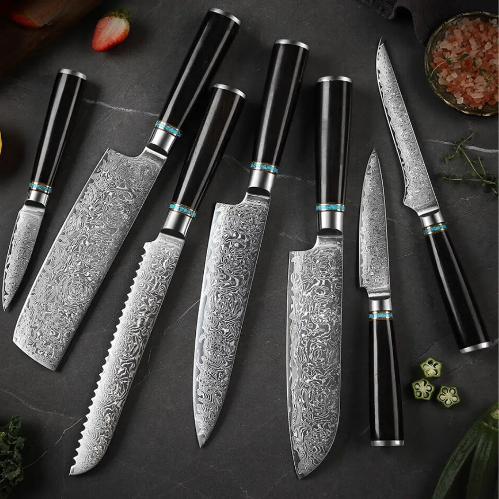 Ebony Handled Japanese Steel Knife Set - 7pcs Value Set -