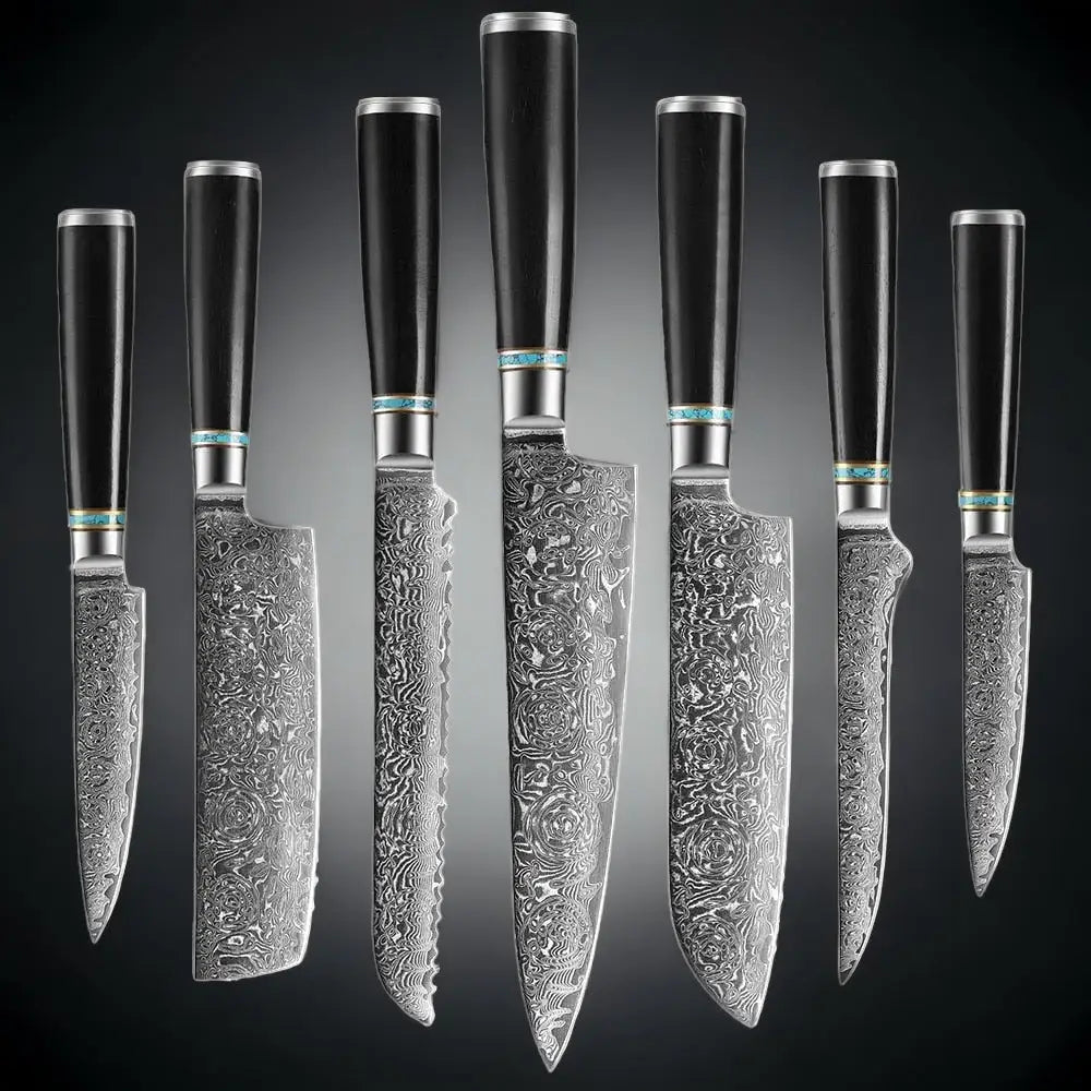 Ebony Handled Japanese Steel Knife Set - 7pcs Value Set -