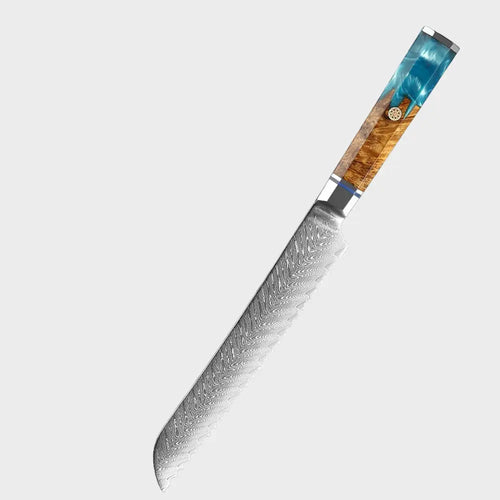 Eight Inch Damascus Steel Serrated Knife (Ocean Splash