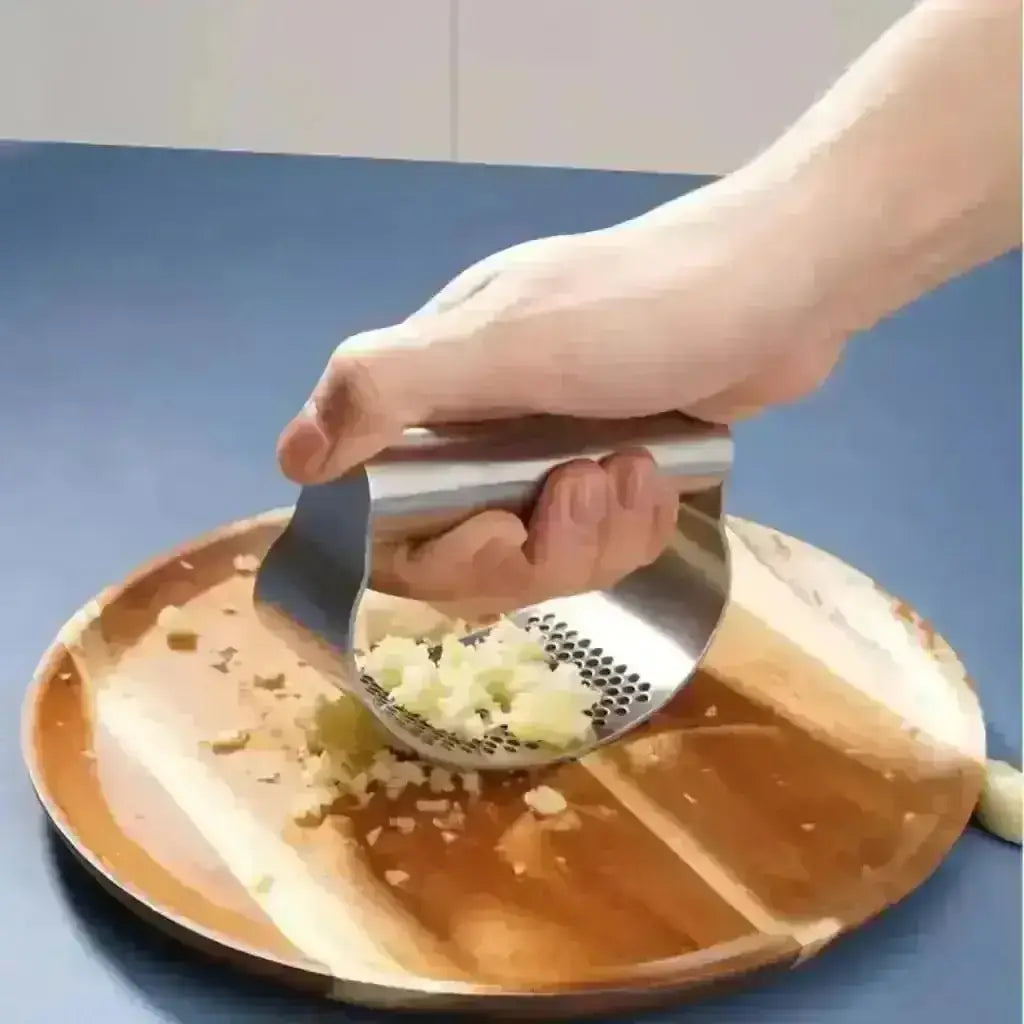 Stainless Steel Garlic Press - Garlic Crusher on plate