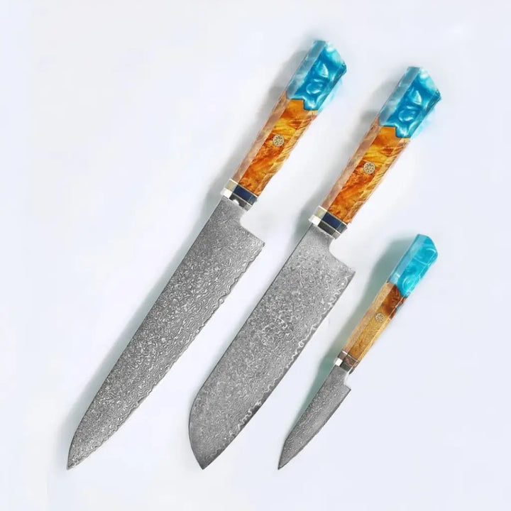 Three Piece Damascus Steel Knife Set (Ocean Splash Series) -