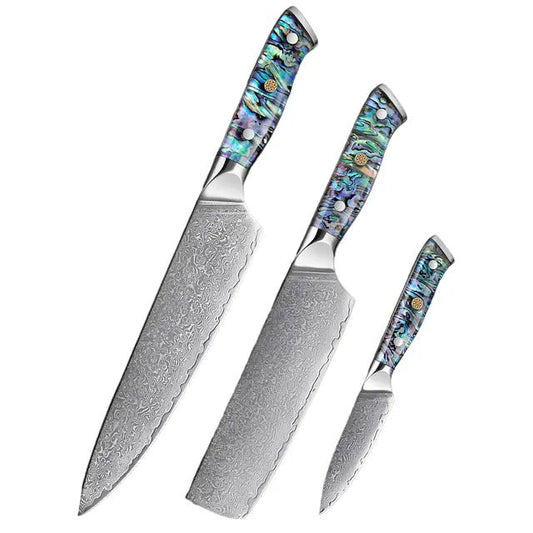 3 Piece Premium Damascus Steel Knife Set (Abalone Series) -