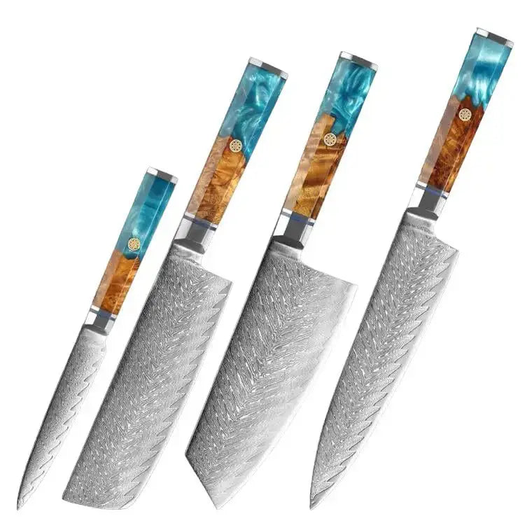  4 Piece Damascus Steel Knife Set features a Chef knife, a wide Bunka (Kiritsuke)Blade , Nakiri Knife and a Slicing knife