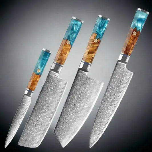  4 Piece Damascus Steel Knife Set features a Chef knife, a wide Bunka (Kiritsuke)Blade , Nakiri Knife and a Slicing knife