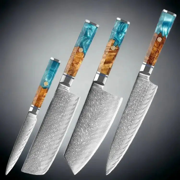  4 Piece Damascus Steel Knife Set features a Chef knife, a wide Bunka (Kiritsuke)Blade , Nakiri Knife and a Slicing knife