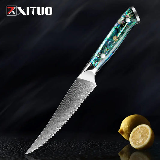 Damascus Steel Knife 5.5 Inch Steak Knife Abalone Shell
