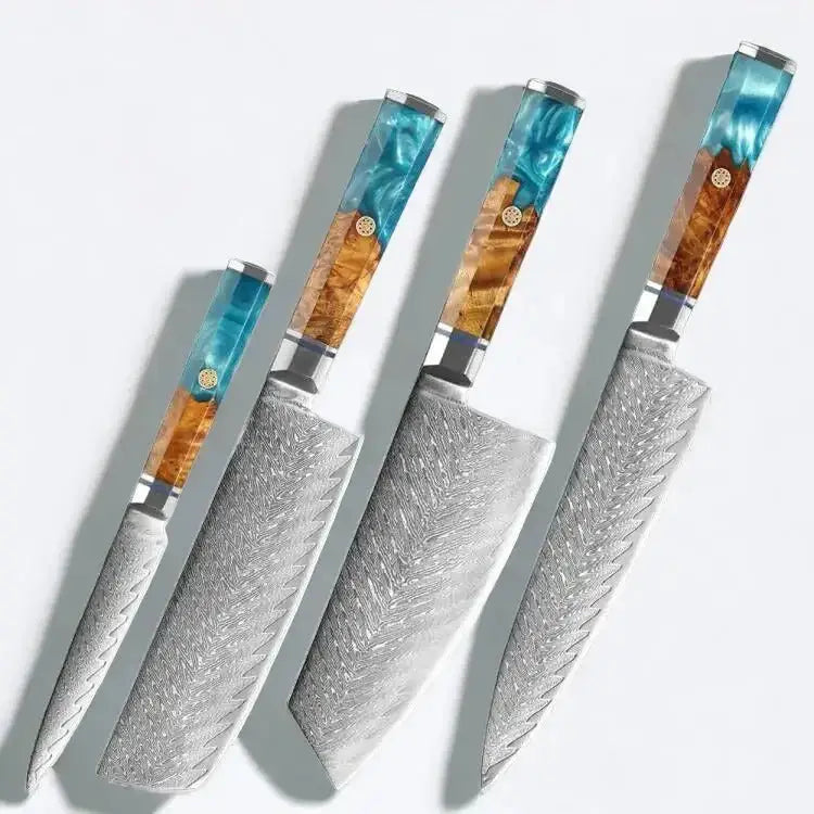 4 Piece Damascus Steel Knife Set (Ocean Splash Series) -- Chef knife, a wide Bunka (Kiritsuke)Blade , Nakiri Knife and a Slicing knife