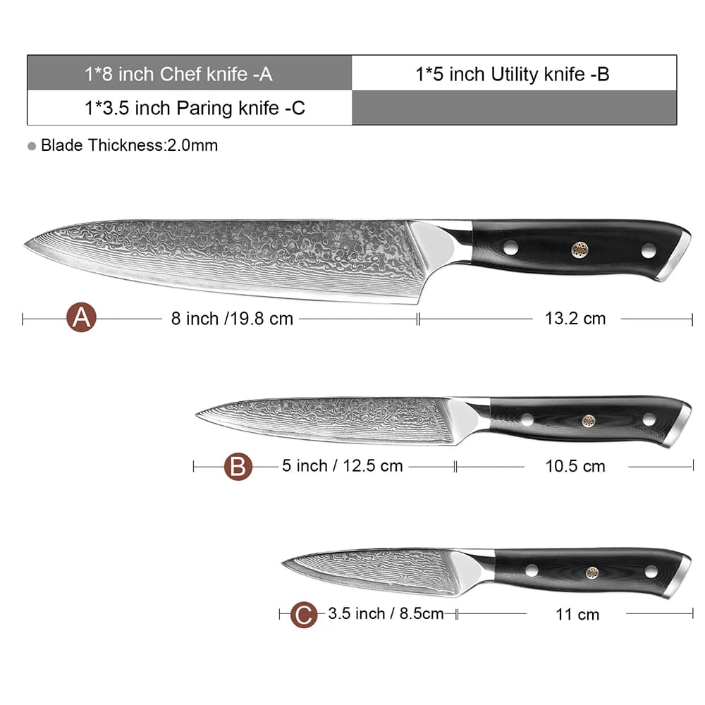 3 Piece Damascus Steel Knife Set (Executive Series)