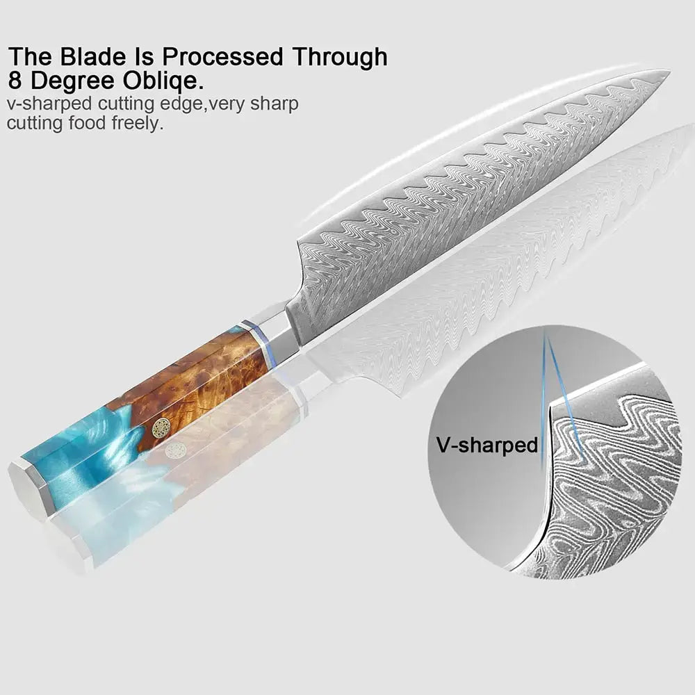 4 Piece Damascus Steel Knife Set (Ocean Splash Series) - blade and handle characteristics 